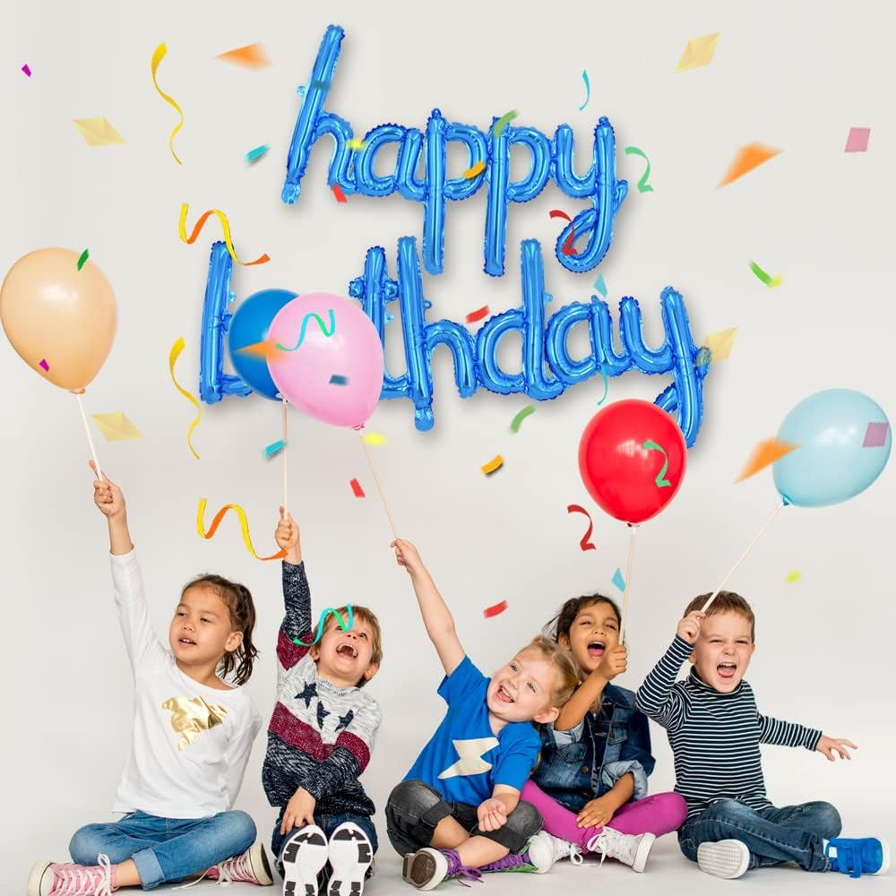 TONIFUL Blue Happy Birthday Balloons Banner, 16 Inch Mylar Foil Script/Cursive Letters Birthday Sign Banner Balloon Reusable Material for Girls Boys Kids & Adults Birthday Decorations