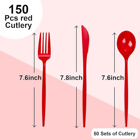 PULOTE 150PCS Red Plastic Silverware Set - Heavy Duty Plastic Cutlery - Red Utensils Disposable Include 50 Forks, 50 Spoons, 50 Knives for Party & Valentines Day