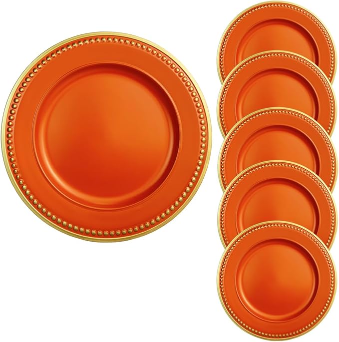 Orange Beaded Charger Plates, Set of 6, 13 Inch Plastic Round Chargers for Dinner Plates, Party, Wedding, Birthday.(Orange. 6)