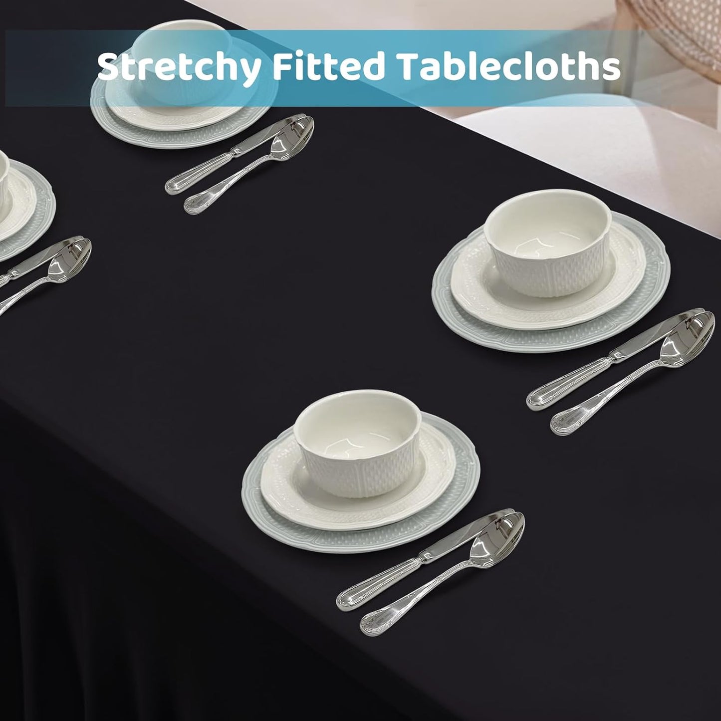 Table Skirts for Rectangle Tables 8ft - 2PCS Black Table Covers for 6 Foot Tables, Wrinkle Resistant Ruffles Elastic Table Cover and Table Skirt for Banquets/Weddings/Parties