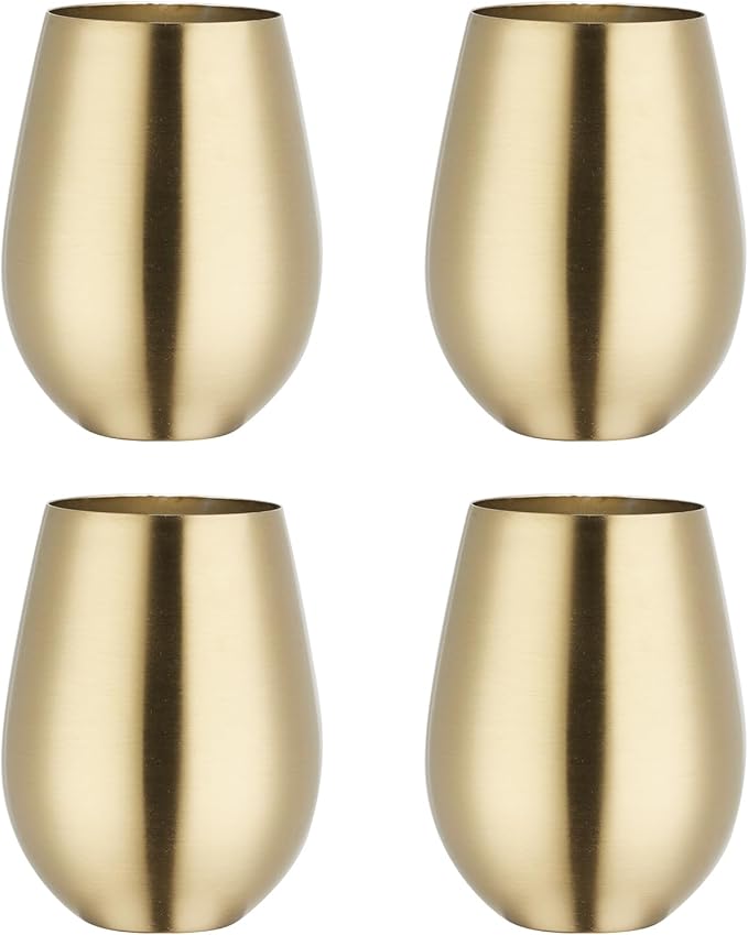 Buyer Star 304 Stainless Steel Wine Glasses Set of 4- Large 17 oz Outdoor Stemless Wine Tumblers - 100% Unbreakable & Stemless Metal Drinking Cups for Home and Outdoors (Champagne gold)