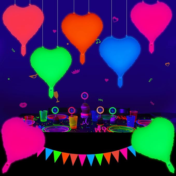 Mega-L Glow in the Dark Party Supplies, 5 Pcs Neon Heart Balloons Set – Fluorescent Red, Lemon Yellow, Fuchsia, Blue and Orange Balloons Perfect for Birthday, Wedding, Anniversary, Carnival