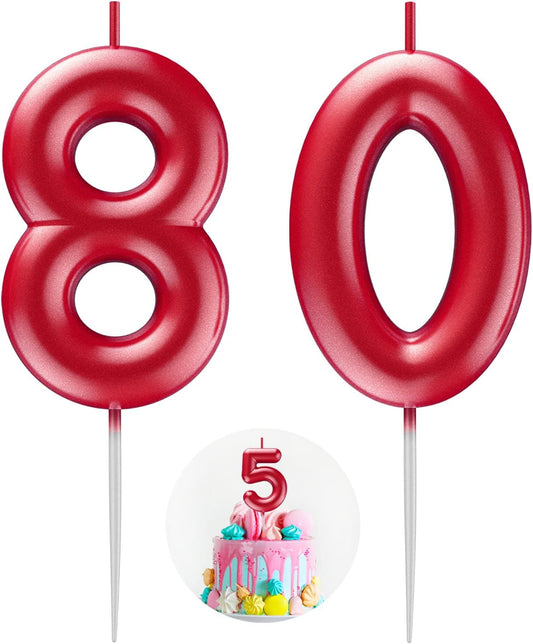 Red Number 80 Candle Happy Birthday 3D Number Candles for Birthday Cake Party Decoration Wedding Anniversary Celebration Supplies