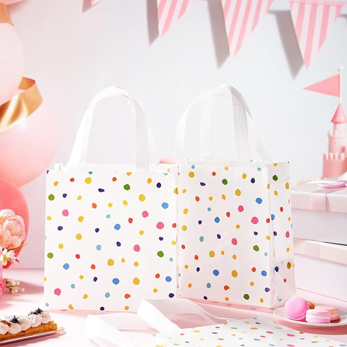Sweetude 16 Pcs Colorful Dots Gift Bag with Handles Party Favors Non Woven Reusable Tote for Women Wedding Birthday Baby Shower Mothers Day Party Decorations(Colorful, Dots)