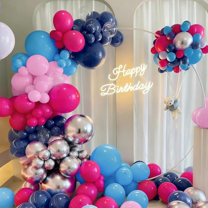 Blue Pink Balloon Garland Arch Kit, 167Pcs Pastel Hot Pink Navy Light Blue Silver Balloons for Gender Reveal Baby Shower Graduation Birthday Pool Hawaii Tropical Party