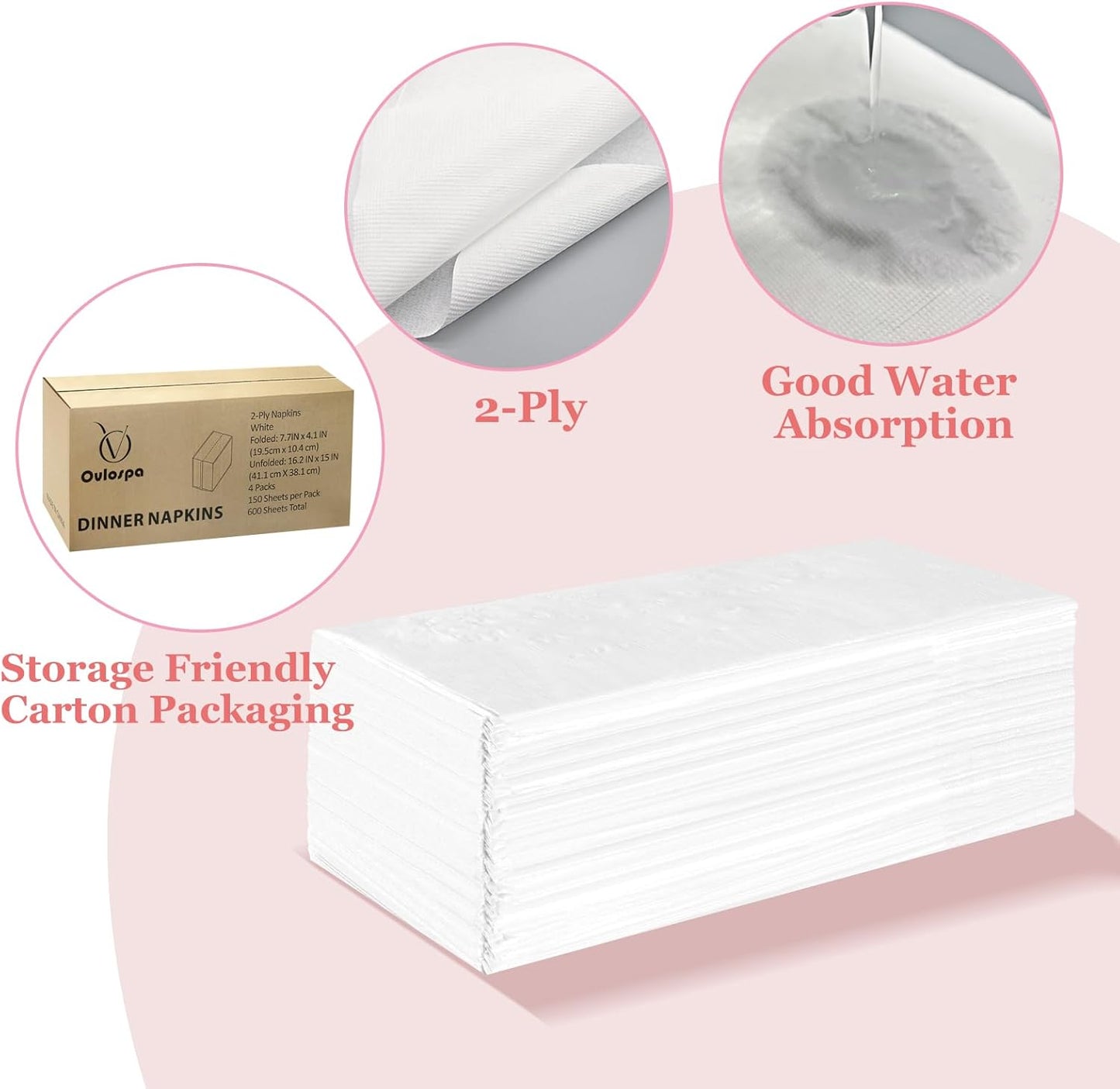Disposable Napkins, 600 Count 2-Ply White Napkins Bulk, Paper Dinner Napkins for Wedding Party Bathroom and Everyday Use (16.2" X 15")