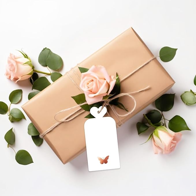 joycraft 100Pcs Gift Tags with String, 4x2 in Blank Tags with Rose Gold Foil Butterfly, White Paper Labels for Birthday, Wedding, Baby Shower, Valentine’ s Day, Christmas