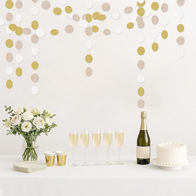 White Champagne-Gold Decorations for Party - 52Ft Paper Garland Streamer Birthday Decoration Banner Bridal Baby Shower Wedding Anniversary Bachelorette Engagement Graduation Hanging Decor Hongtongtong