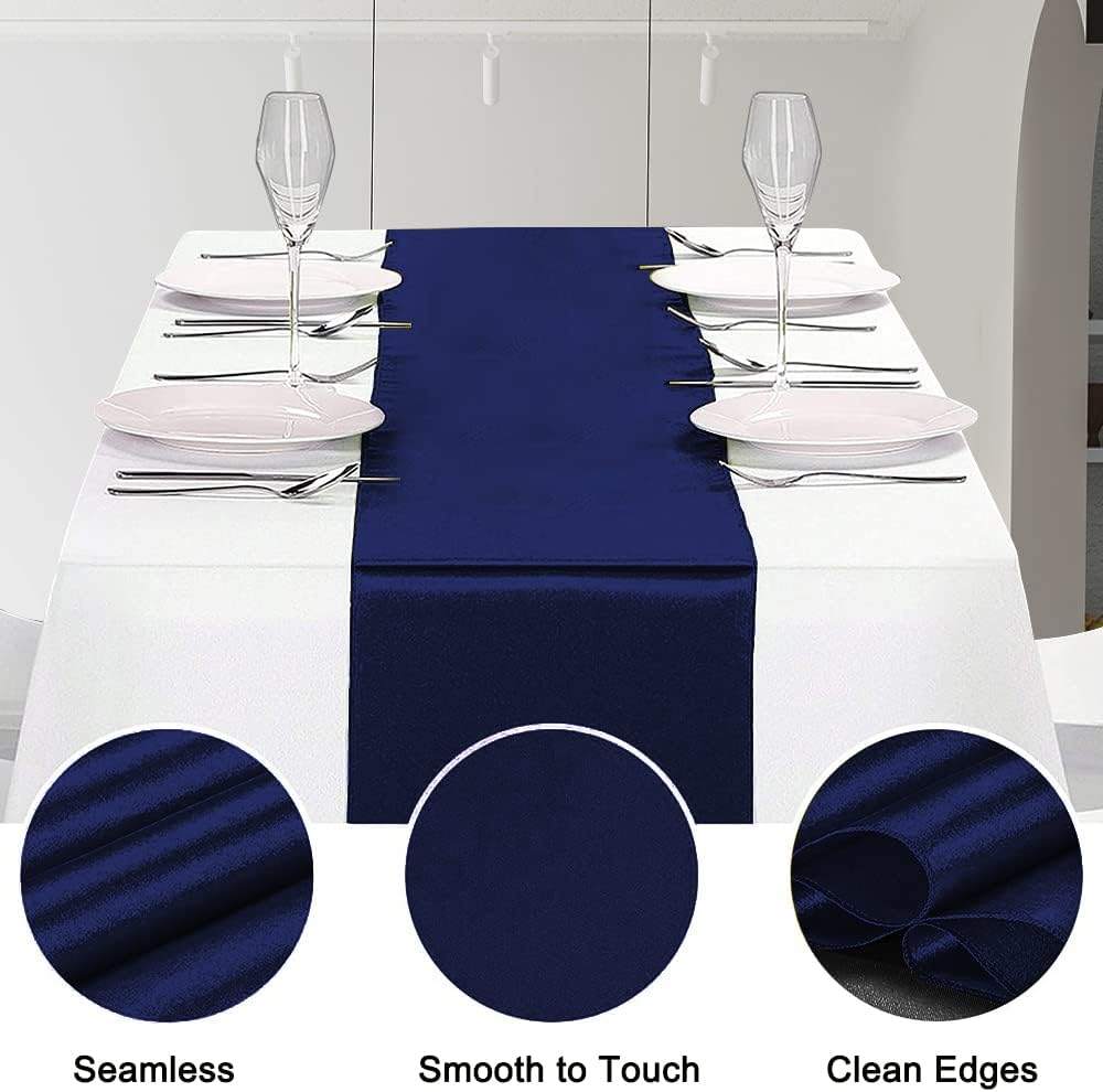 12 Pack Satin Table Runner 12 x 108 Inch Long Satin Table Runners for Wedding Banquet Graduations Birthday Party Decoration (Navy Blue)