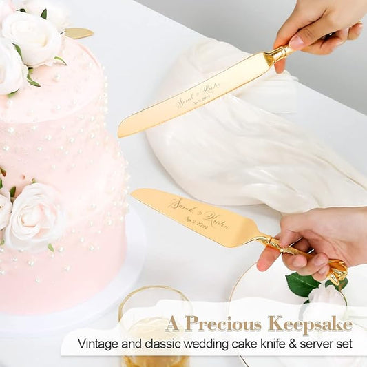 TUKDAK Cake Cutting Set for Wedding, Personalized Gold Cake Knife and Server Set, Custom Cake Serving Set, Engraved Pastry Pie Server Cake Pizza Cutter, Birthday Bridal Gift (CUS-Romance)