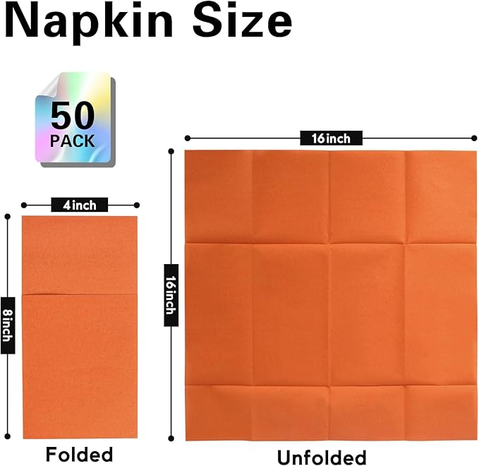 Orange Napkins Hand Towels Disposable, Linen-Feel Dinner Napkins with Prefolded Built-in Flatware Pocket, Guest Paper Hand Towels for Wedding, Thanksgiving Or Party (16x16in, 50Pack）