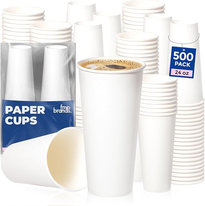 Fit Meal Prep 500 Pack 24 oz Disposable Paper Coffee Cups, Premium White Hot Cups for Hot/Cold Beverage, Durable Thickened Paper Cup Bulk for Party, Office, Bussines, Home, Bistros, Events