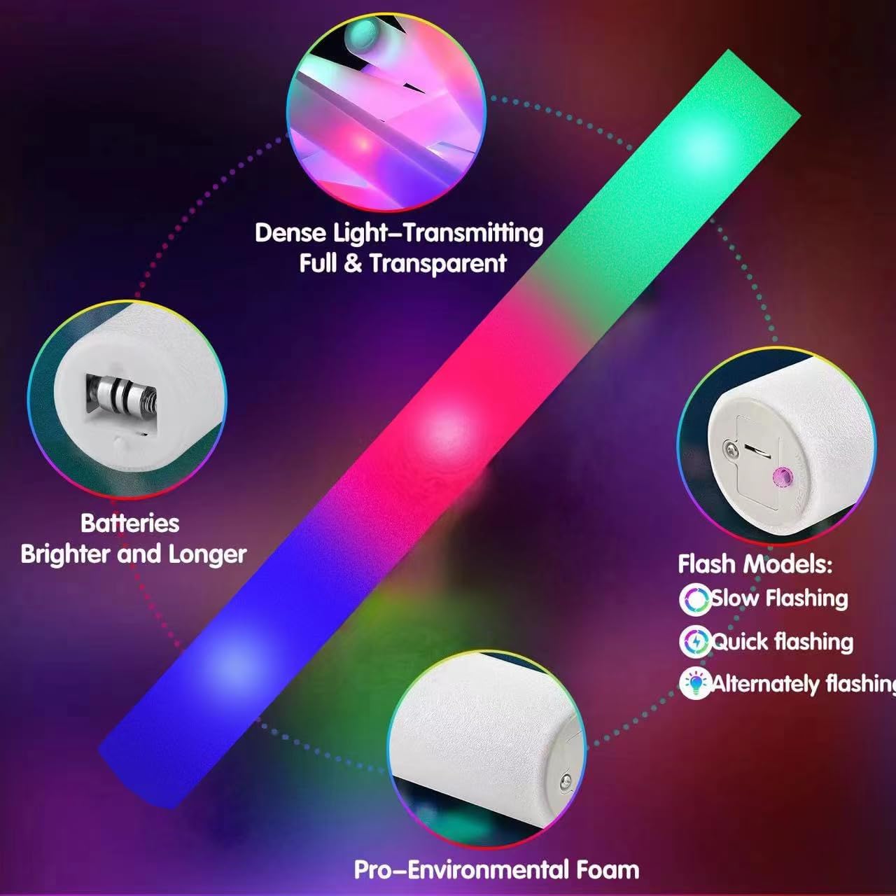 135PCS Foam Glow Sticks, Foam Light Up Sticks with 3 Modes Colorful Flashing, Glow Stick Bulk Party Pack, Glow in Dark Party Supplies, LED Foam Sticks Bulk for Wedding, Raves, Concert, Halloween