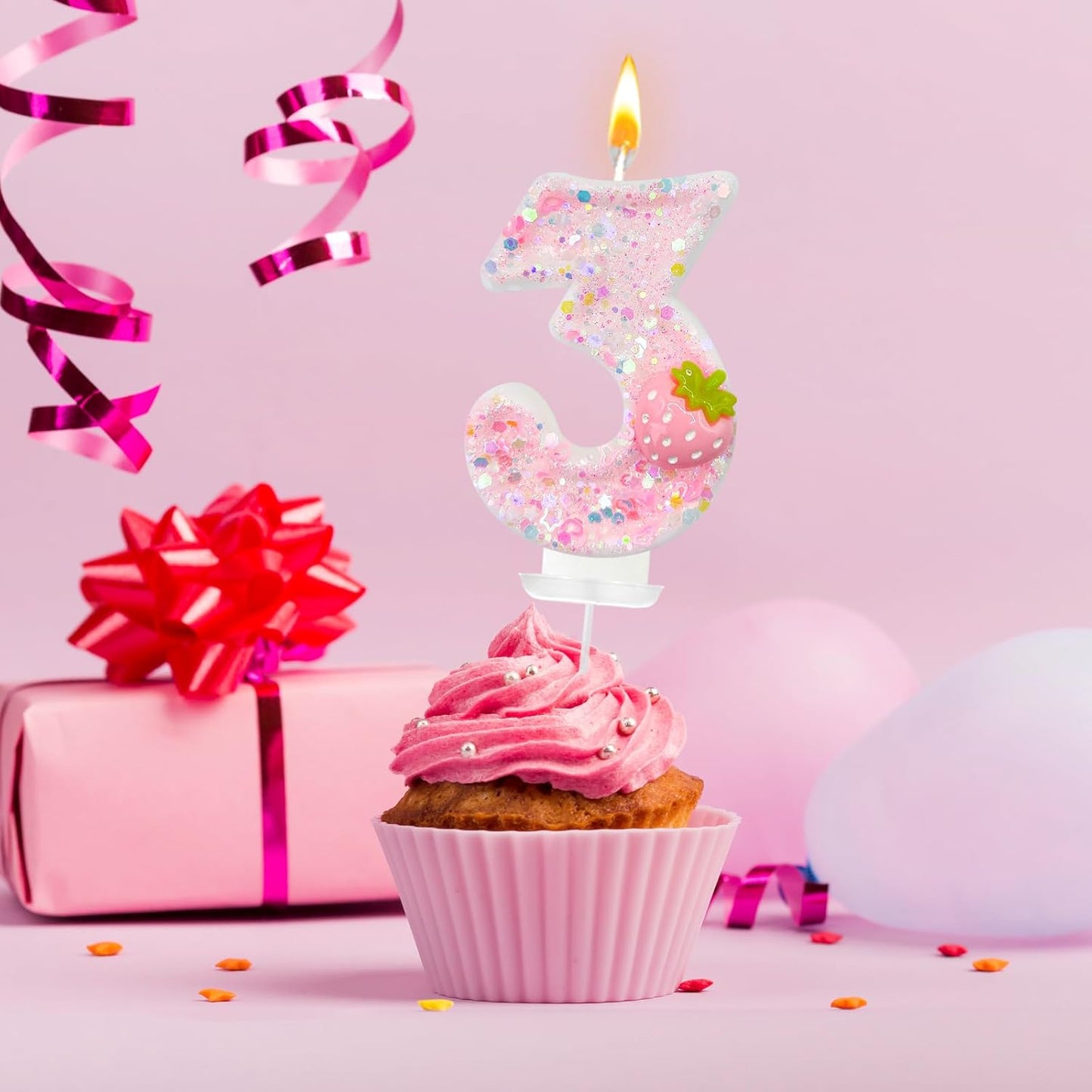 HXOUSE Strawberry Number 3 Birthday Candles - Pink Berry Birthday Candles for Cake, 3 Candle Topper for Anniversary Celebrations Supplies, Strawberry Party Decorations for Girl (No.3)