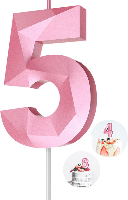 Number Birthday Candles(5 Candle Pink) 3D Diamond Shape 5th Happy Birthday Cake Topper Decorations for Girl Women Birthday Wedding Anniversary Celebration Theme Party Supplies
