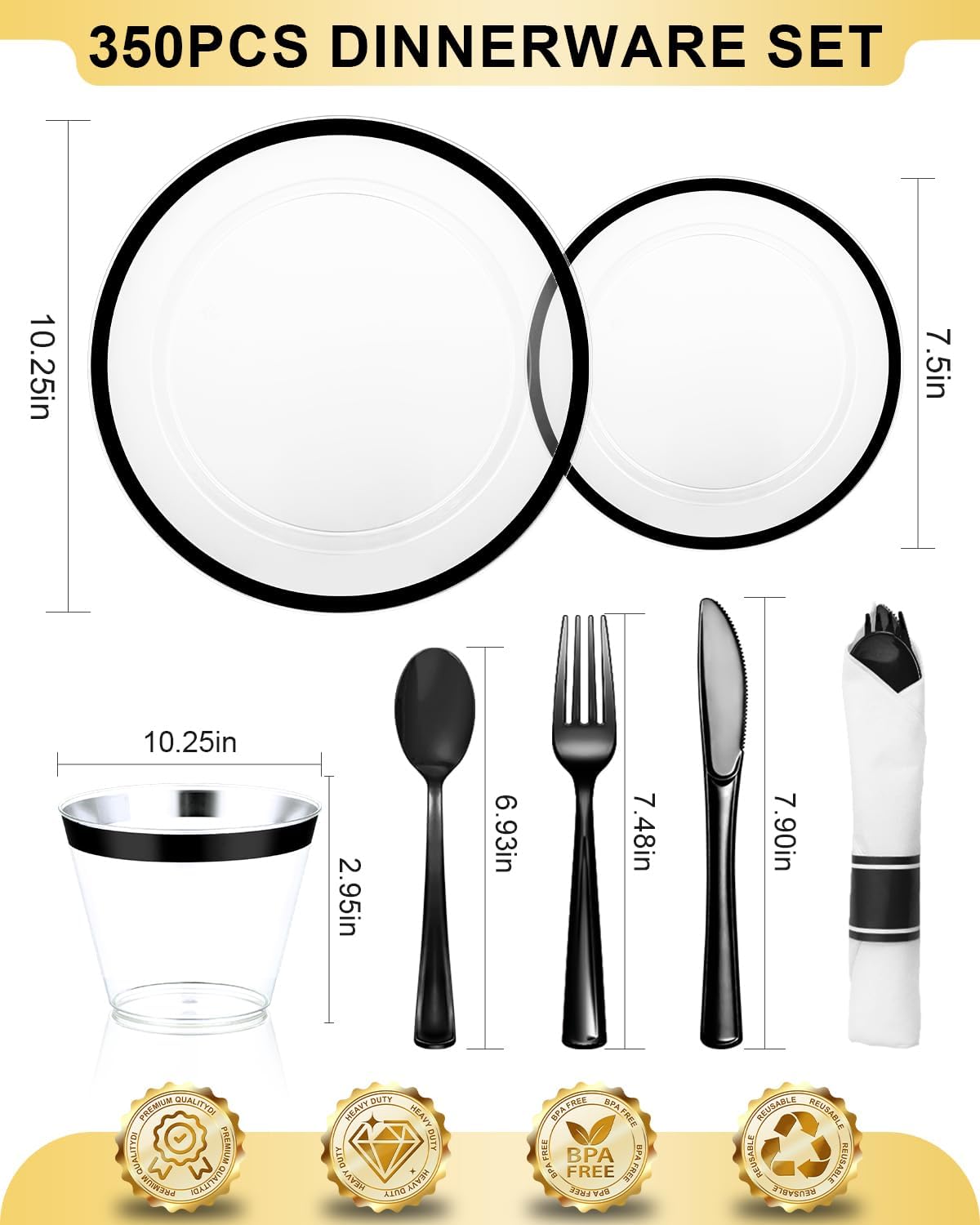 350Pcs Plastic Plates for Party, Disposable Clear Black Dinnerware Set for 50 Guests,100 Plastic Plates,50 Cups, 50 Pre-Rolled Napkins with Cutlery for Party, Wedding, Thanksgiving, Christmas