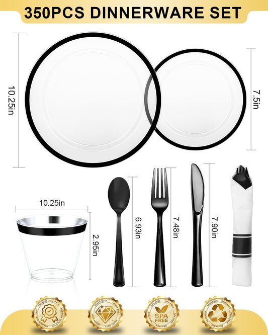 350Pcs Plastic Plates for Party, Disposable Clear Black Dinnerware Set for 50 Guests,100 Plastic Plates,50 Cups, 50 Pre-Rolled Napkins with Cutlery for Party, Wedding, Thanksgiving, Christmas