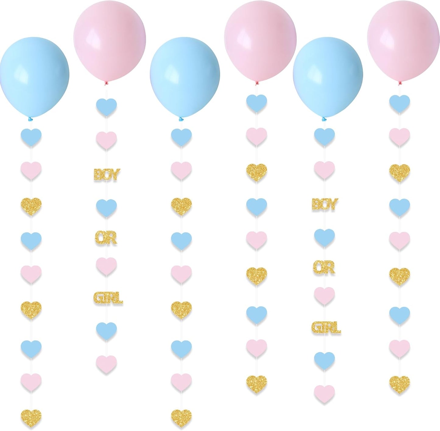 Boy or Girl Gender Reveal Decorations 6PC Pink Blue Balloon Tails with Heart Streamer Garland for Baby Shower Decorations