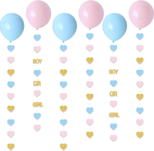 Boy or Girl Gender Reveal Decorations 6PC Pink Blue Balloon Tails with Heart Streamer Garland for Baby Shower Decorations