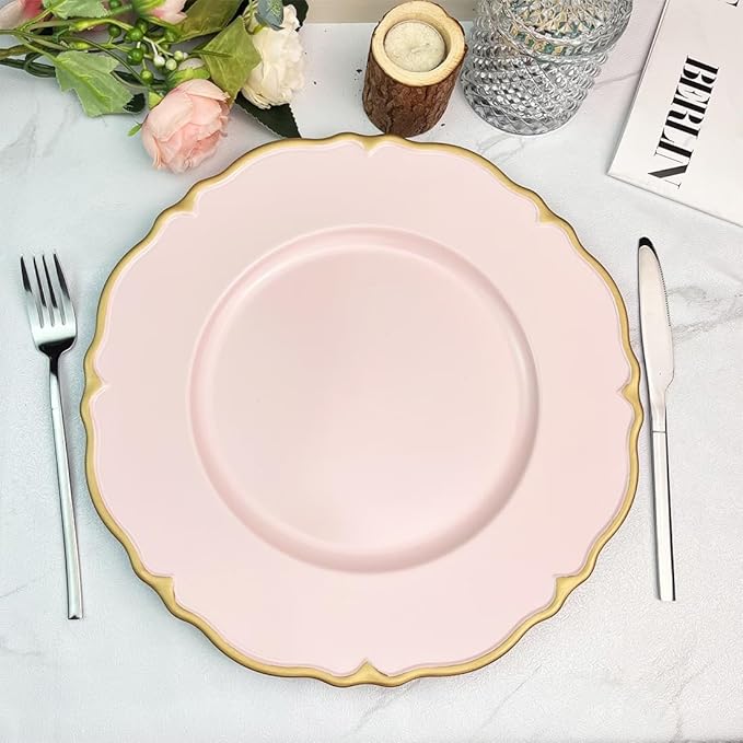 Pink scalloped charger plates with Gold rim, 13" Round Chargers for Dinner Plates, Set of 6 Plastic Plate Chargers for Weddings, Parties, Tabletop Decor.