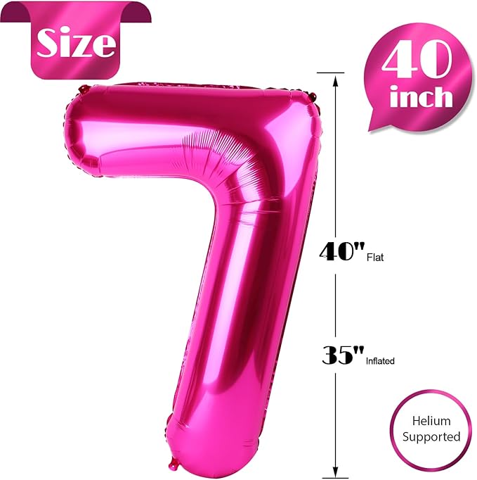 Hot Pink Number 7 Balloon 40 Inch, 7th Birthday Party Decorations for Children, Giant 7 Foil Balloon for Party Supplies