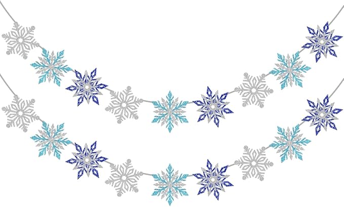 2 Pcs Silver Blue Snowflake Banner, Snowflake Winter Party Decorations, Snowflake Garland Christmas Party Decorations (Mix)