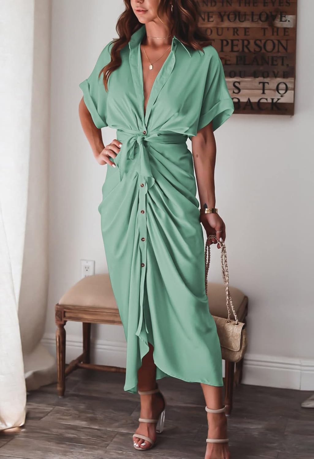 Women Elegant Satin Button Down Short Sleeve Maxi Shirt Dress with Belt