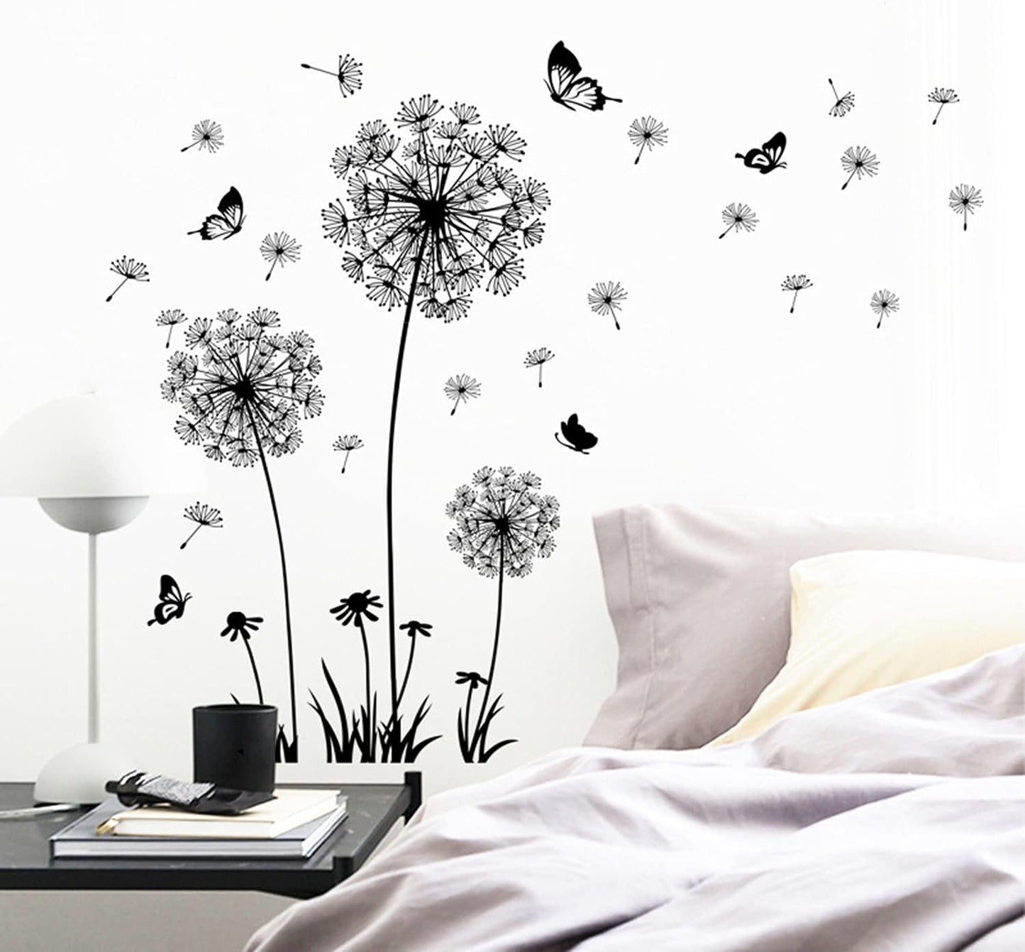2 Set Dandelion Wall Decals, Flower Stickers, Murals With Butterflies for Bedroom, Office, Bathroom, Living Room - Removable Floral Peel and Stick Art Decoration