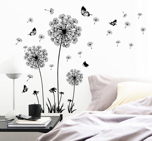 2 Set Dandelion Wall Decals, Flower Stickers, Murals With Butterflies for Bedroom, Office, Bathroom, Living Room - Removable Floral Peel and Stick Art Decoration