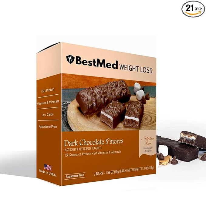 BestMed - High Protein Nutrition Bar - Low-Carb, 15g Protein, Low Sugar, High Fiber, Low Calorie, Meal Replacement Bar (Dark Chocolate S'mores, 3 Box - 21 Count)