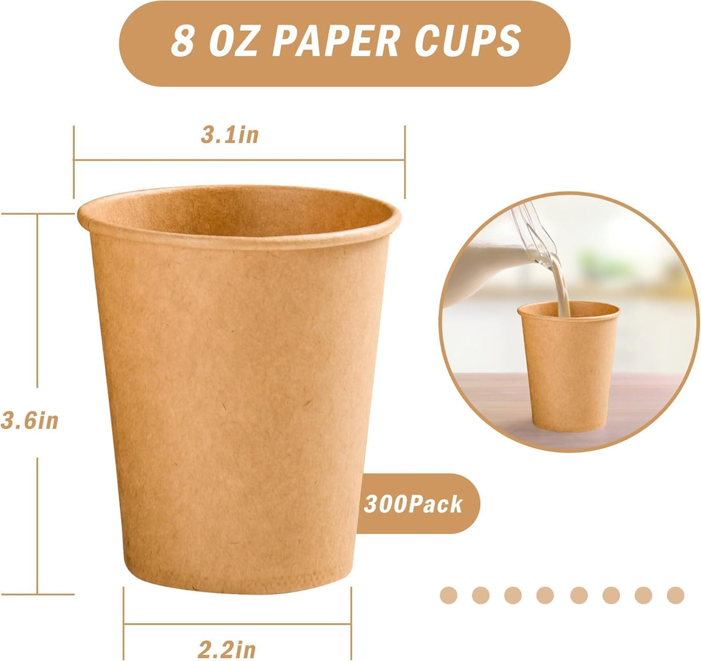 300 Pack 8 oz Paper Coffee Cups, Disposable Kraft Coffee Cups, Hot/Cold Drinking Cup for Water, Coffee, Juice
