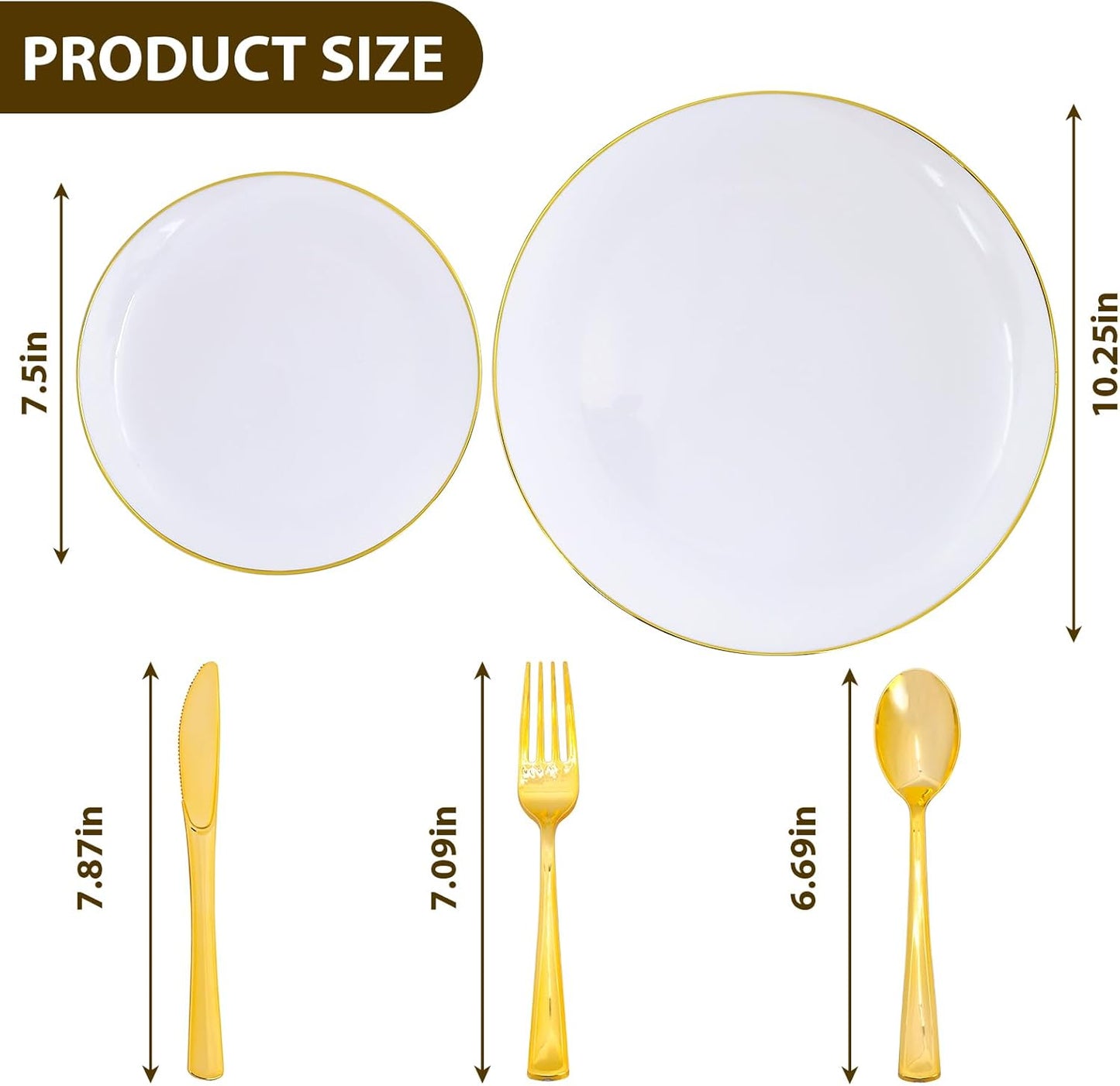 Moretoes 250PCS Gold Disposable Dinnerware Set, White and Gold Plastic Party Plates for 50 Guests, Includes 50 Dinner Plate,50 Dessert Plate,150 Gold Cutlery for Wedding & Party