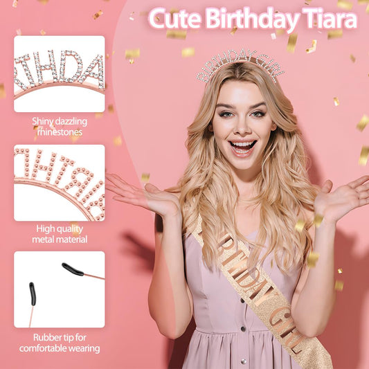 Birthday Crown Birthday Sash for Women, Birthday Girl Sash, Birthday Girl Crown, Glitter Rose Gold Birthday Sash and Crown Rhinestone Headband Set, Happy Birthday Girl Princess Tiara Sash Accessories