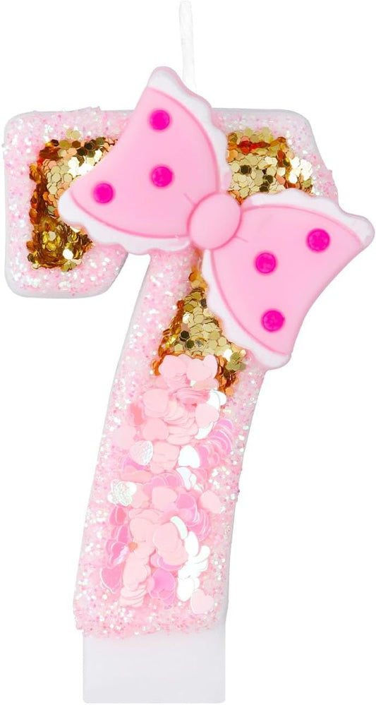 Girls' Pink 7th Birthday Candles with Glitter & Bow for Cake Celebration