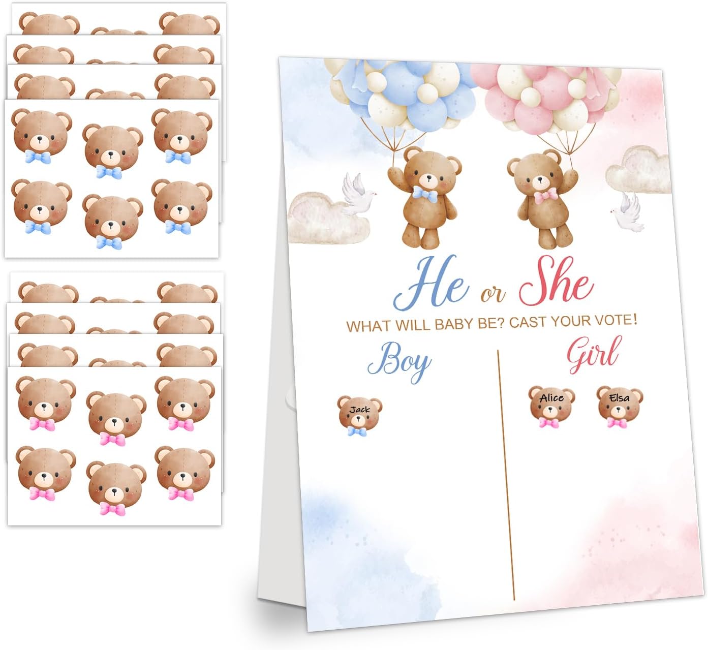 Gender Reveal Party Games, Bear Theme Baby Gender Reveal Voting Board Sign, 48 Stickers, "He or She, WHAT WILL BABY SMITH BE?" - Baby Gender Reveal Party Decorations Games for Boy or Girl Shower .