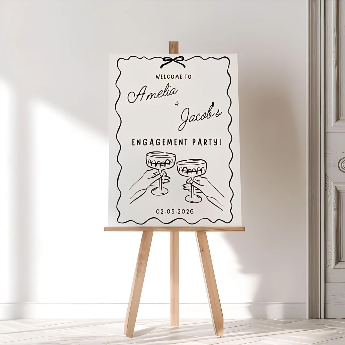 Whimsical Engagement Party Sign, Wavy Champagne Toast Welcome Sign