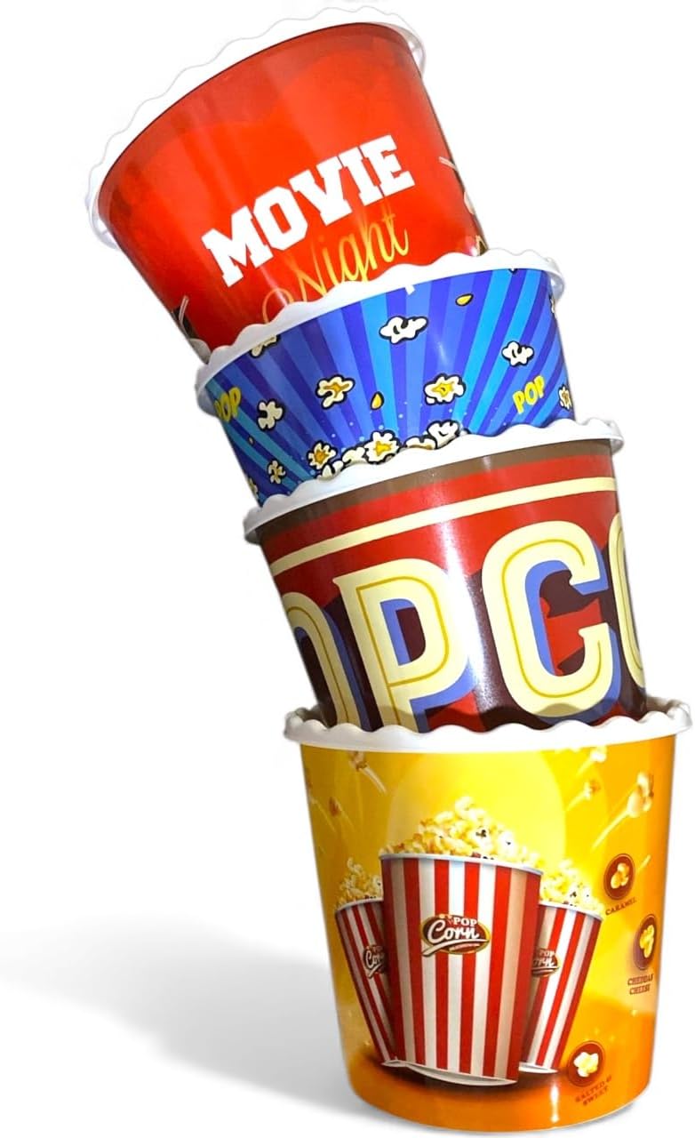 Modern Style Reusable Plastic Popcorn Box/Popcorn Containers/Popcorn Bowls Set for Movie Theater Night - (BPA Free - 4 Pack - 75 oz) (Popcorn Mix C)