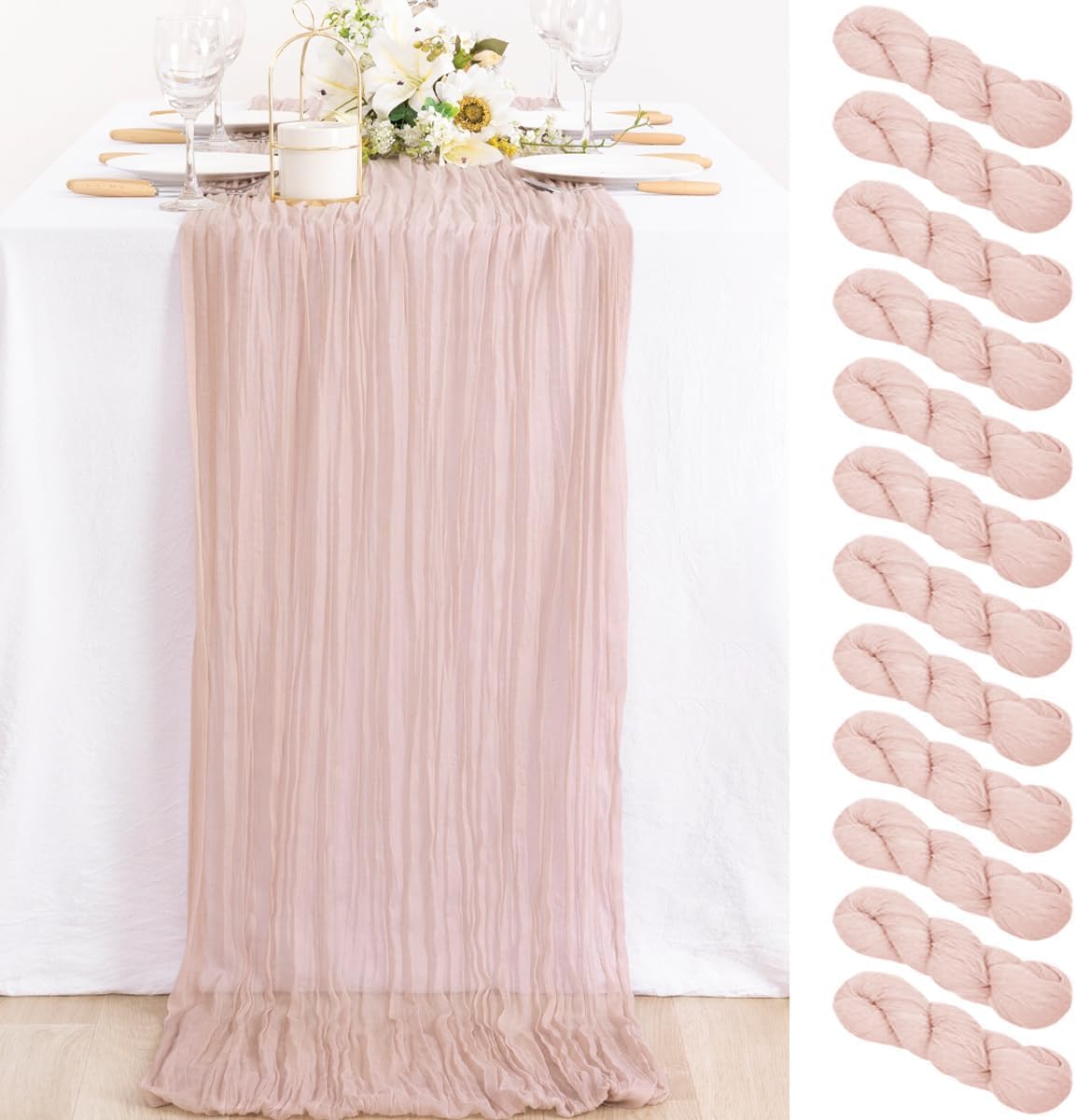 MLMC 12 Pack Dusty Pink Cheesecloth Table Runner 10ft Rustic Gauze Cheese Cloth Fall Table Runner Bulk 35x120 Inches for Romantic Wedding Bridal Baby Shower Anniversary Party Decor