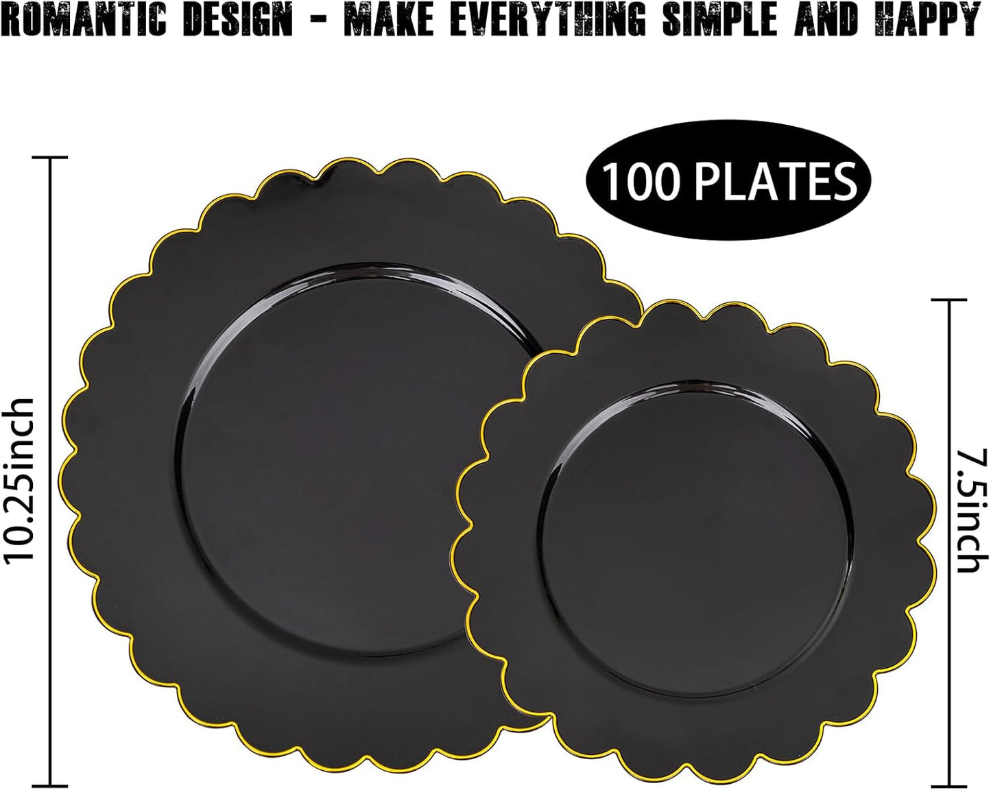 supernal 100pcs Black and Gold Plastic Dinnerware Set - Scalloped Disposable Plates Heavy Duty Gold And Black Plastic Plates Service for 50 Guests,Perfect for Party Birthday Wedding Festival