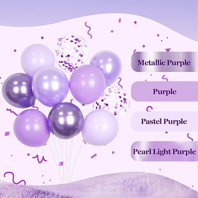 60pcs Lavender Balloons 12inch, Light Purple Balloons with Pastel Metallic Pearl Purple Confetti Balloons for Birthday Baby Shower Wedding Bridal Shower Party Decorations