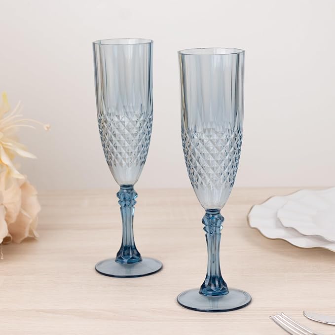 Efavormart 6-Pack Champagne Glasses, 8oz Shatterproof Plastic Crystal Cut Toast Flutes, Dusty Blue for Party Celebration Wedding