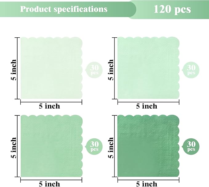 120PCS Gradient Sage Green Cocktail Party Napkins,Gradient Sage Green Scalloped Beverage Dessert Paper Napkin for Birthday Wedding