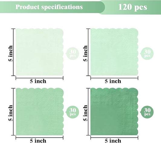 120PCS Gradient Sage Green Cocktail Party Napkins,Gradient Sage Green Scalloped Beverage Dessert Paper Napkin for Birthday Wedding