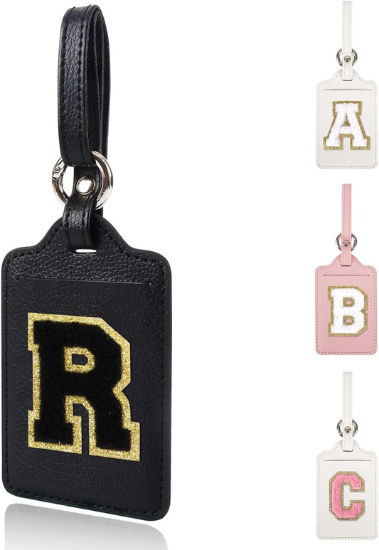 Personalized Initial Luggage Tags for Suitcases, Leather Chenille Letter Cute Luggage Tags with Privacy Name Card, Embroidered Travel Bag Backpack Tags Gifts for Women Kids Girls Teens(Black-R)
