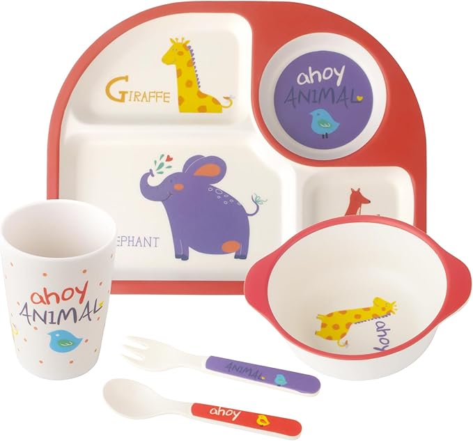 Kids Feeding Set 5 Pcs, Tableware Set for Toddlers Includes Plate Bowl Cup Fork and Spoon Utensil Flatware, Kids Flatware Set Dishwasher Safe, BPA Free (Animalworld)
