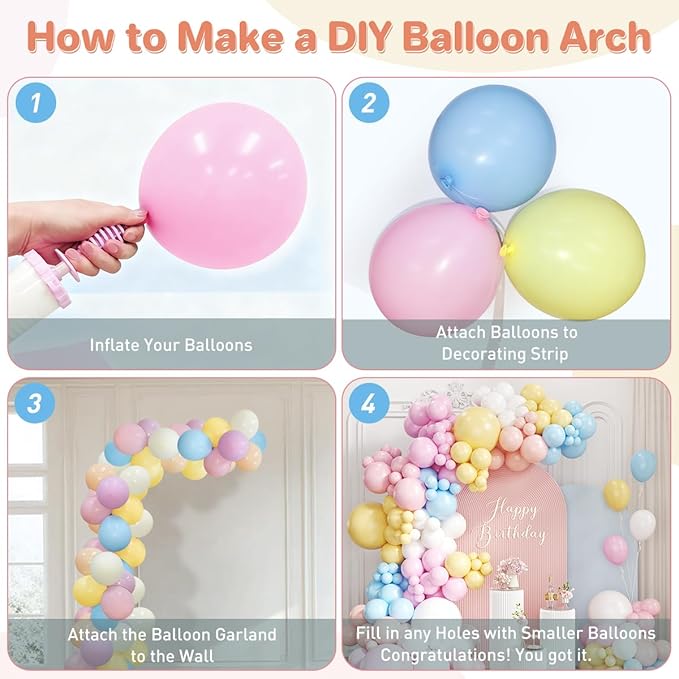 Pastel Balloon Garland Arch Kit, 167Pcs Macaron Colorful Yellow White Pink Blue Orange Plum Balloons for Rainbow Birthday Graduation Pride Month Party Decorations