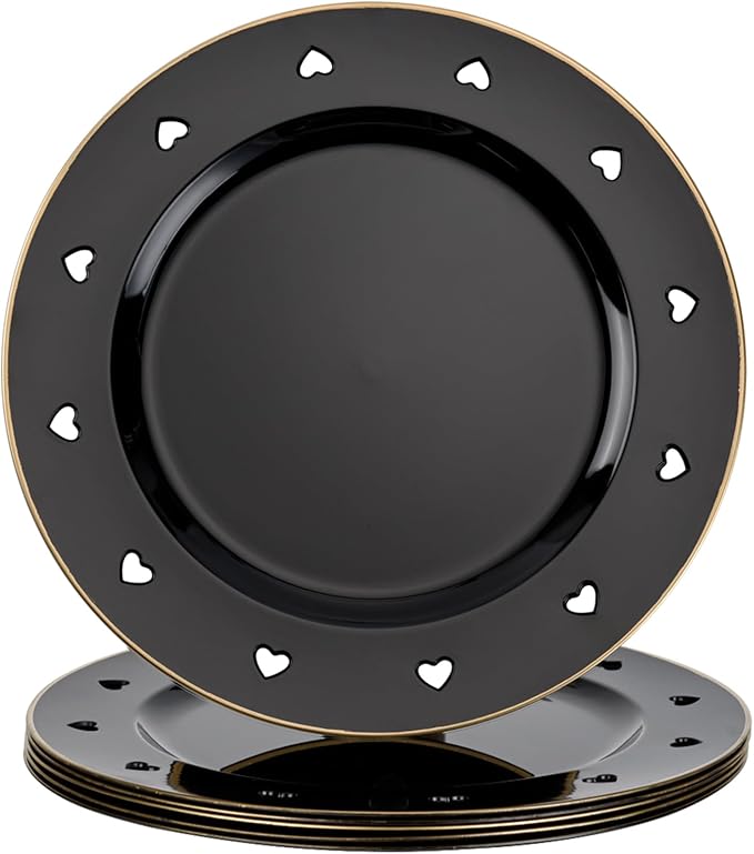 13" Round Black Charger Plates, Heart Hollow Chargers for Dinner Plates with Golden Border, Formal Table Setting Accessory Centerpiece Bluk Wedding, Valentine's Day, Galentine's Day, Set of 6