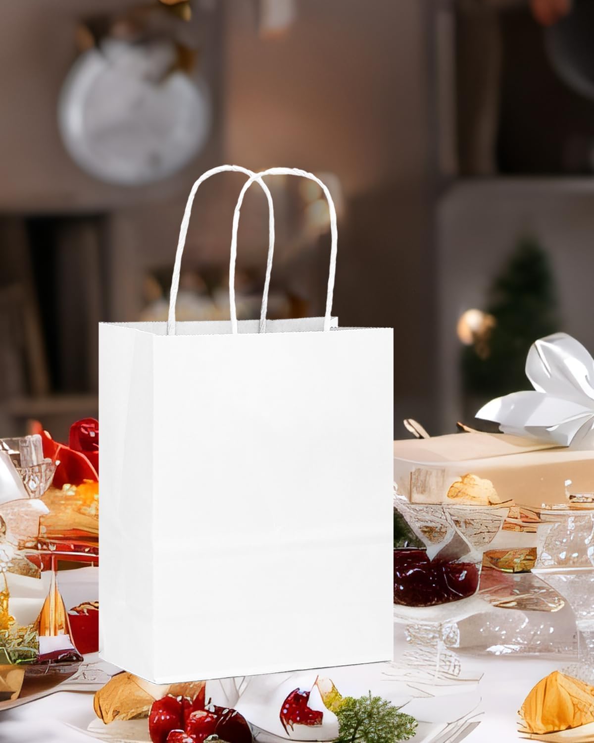 qiqee 200-Packs White Paper Gift Bags with Handles Bulk 10.6"x8.3"x4.3" Medium Size Paper Bags Multiple Uses