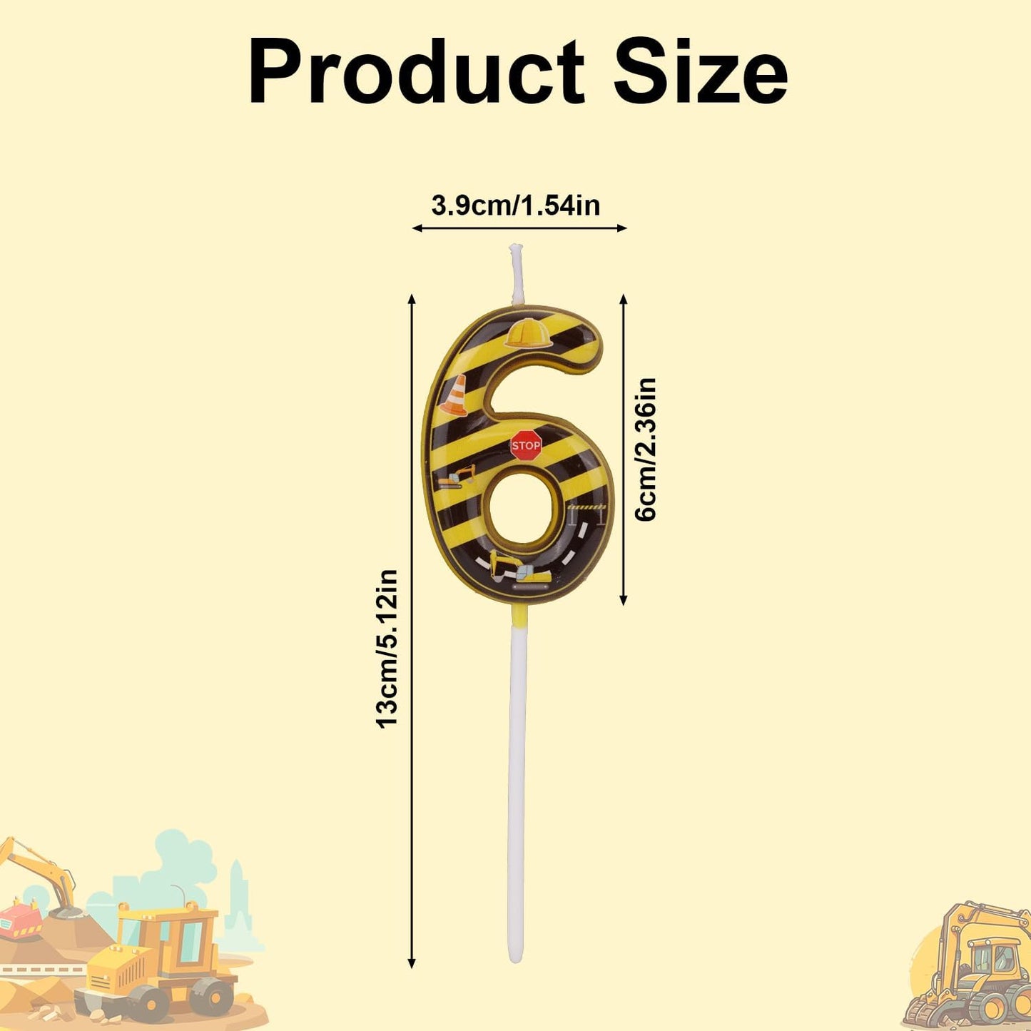 Construction Birthday Number Candles, Yellow & Black Striped Cake Topper Building Theme Party Decorations for Graduation Anniversary Celebration (Number 6)