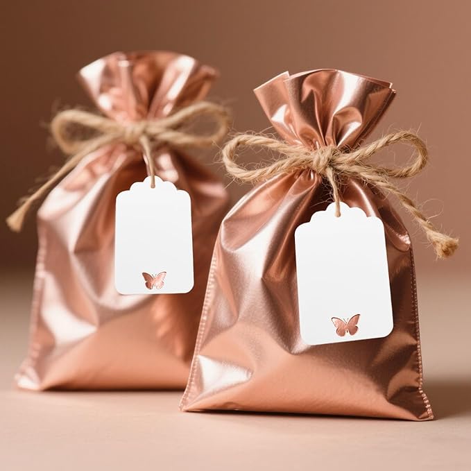 ASYEHJNR 100Pcs Blank Gift Tags with String, Foil Rose Gold Butterfly Large Gift Tags with 65 Ft Jute Twine Cute Tags White Paper Gift Tag for Birthday Baby Shower Wedding Spring Summer Gift Wrap Tag